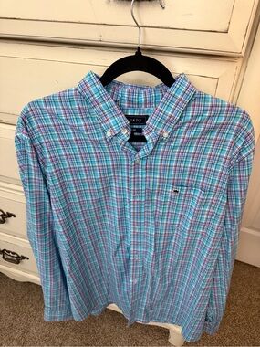 Crown &ivy Men's Blue Plaid Button-Down performance material shirt